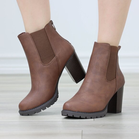 Womens Ankle Boots Lug Block Heel Brown Synthetic Leather Round Toe Elastic Gore - Picture 6 of 11